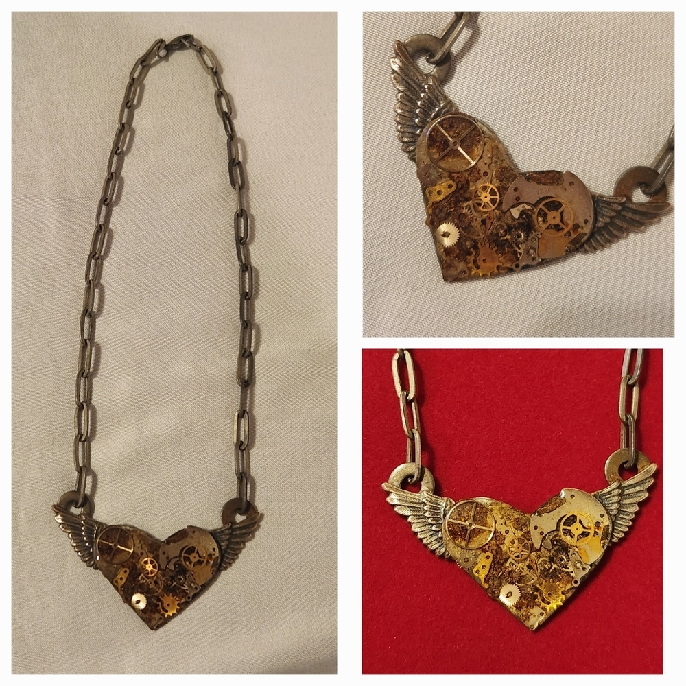 Steampunk Heart Necklace with Wings